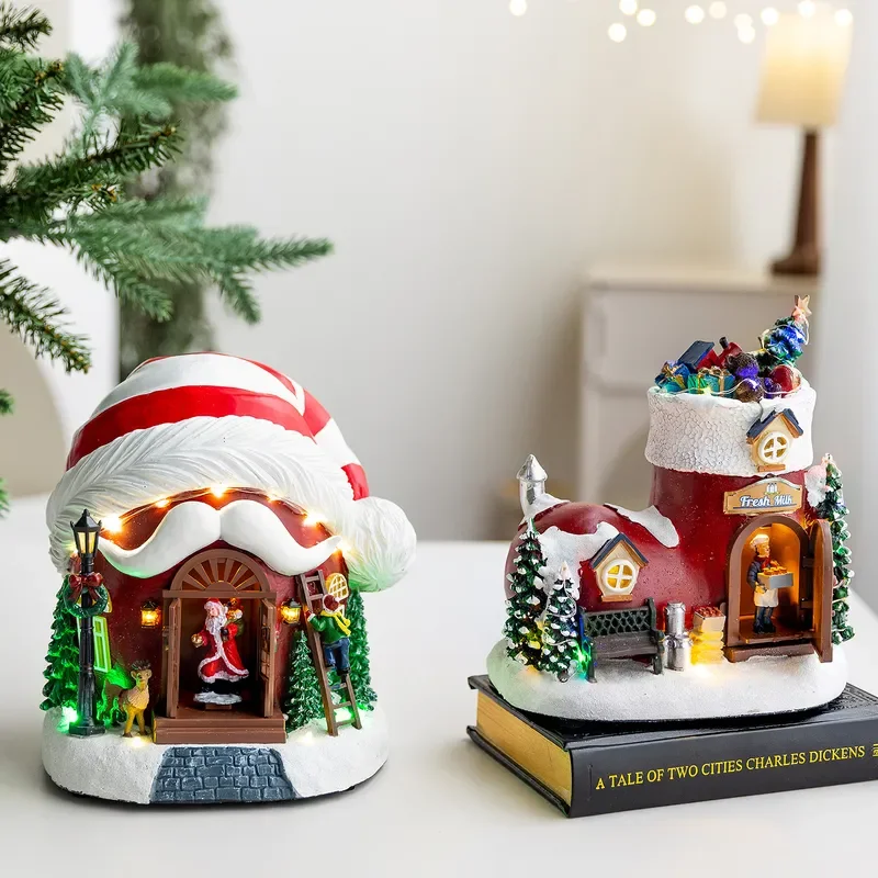 Automatic Rotating Christmas Music Box with Glowing Santa Hat and Boots Design Festive Tabletop Decoration for Holiday Home