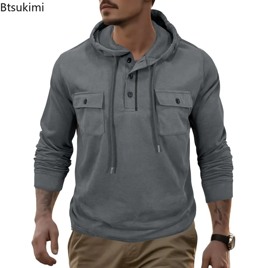 

New Men's Outdoor Casual Sports Hoodies Spring Autumn Solid Long Sleeve Hooded Pullover Tops Men Loose Sweatshirts with Pockets