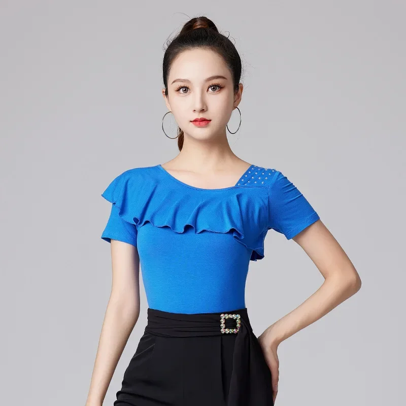 Solid Color Latin Dance Costume Evening Tops Tango Jazz Rhinestones Wear Waltz 2024 New Belly Woman Short Sleeve Ruffle T-shirt