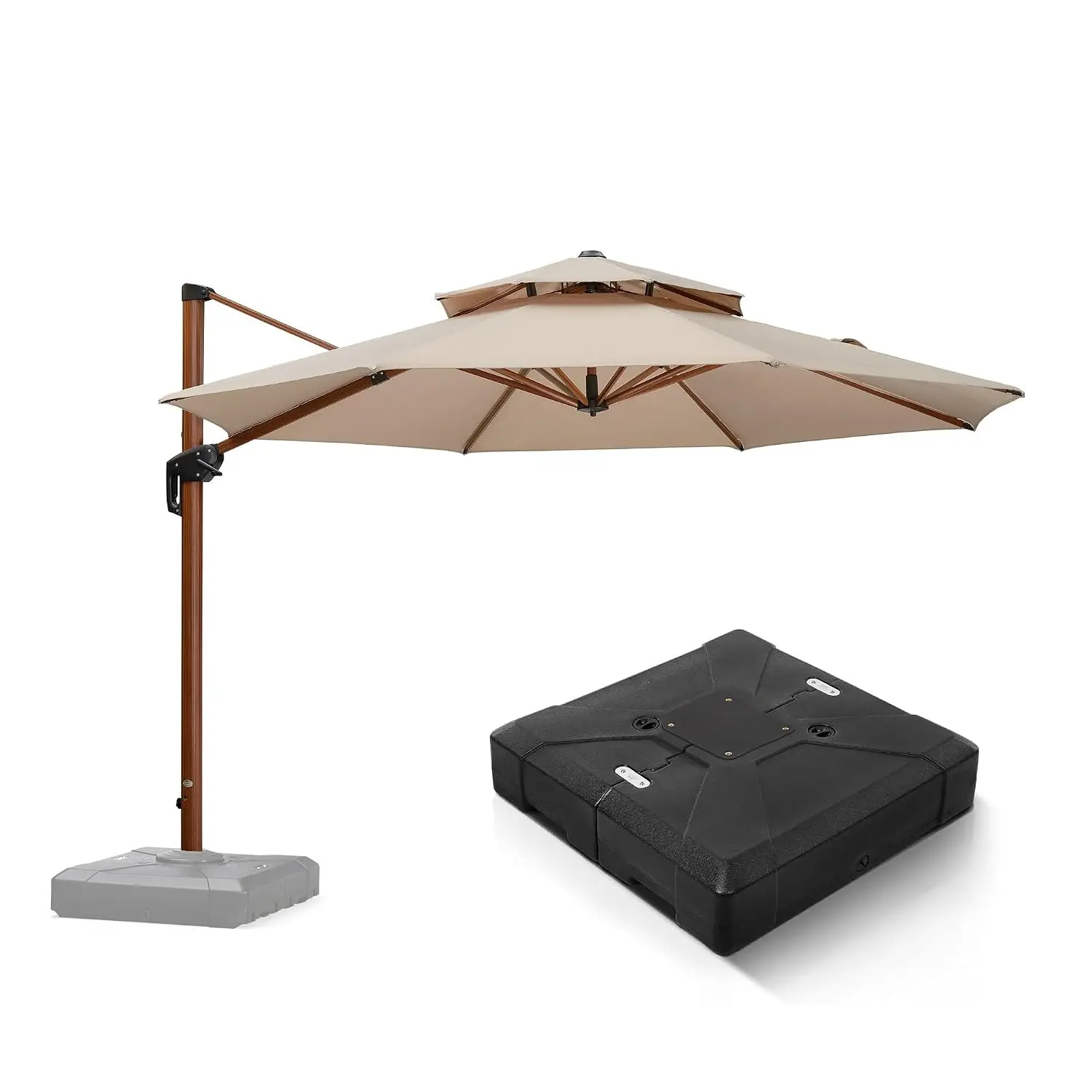Wood-Grain Cantilever Umbrella 11ft Beige Patio Offset Hanging Umbrella with Base, Customized