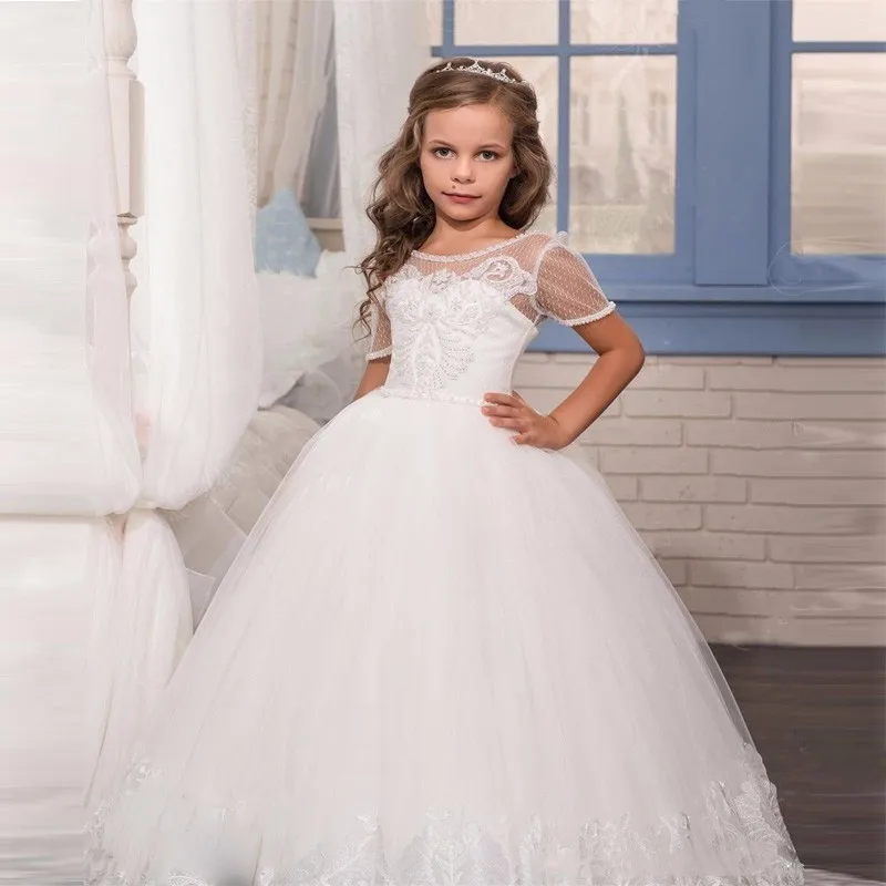 CustomizedFlower Girls Dresses For Wedding Lace Embroidered  Appliques Short Sleeve Ball Gowns Custom Holy First Communion Flowe