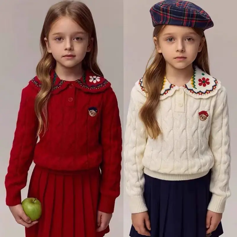 

Осенне-зимняя детская одежда с медвежонком, шерстяной модный повседневный вязаный свитер с лацканами для девочек