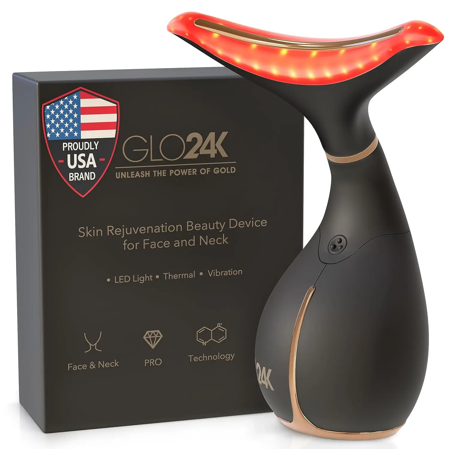 Glo24K Red Light Beauty Device For Face And Neck. Based On Triple Action L E D, Thermal, And Vibration Technologies.