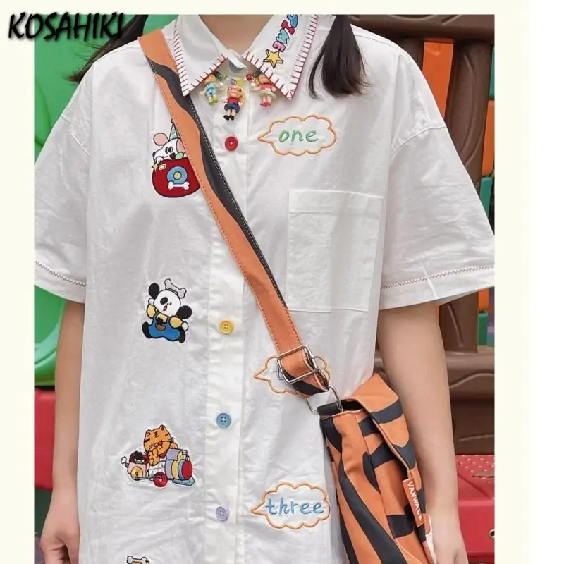 2024 Japanese Peter Pan Collar Women Blouse Cartoon Embroidery Sweet Preppy Shirts All Match Harajuku Casual Short Sleeve Blusas