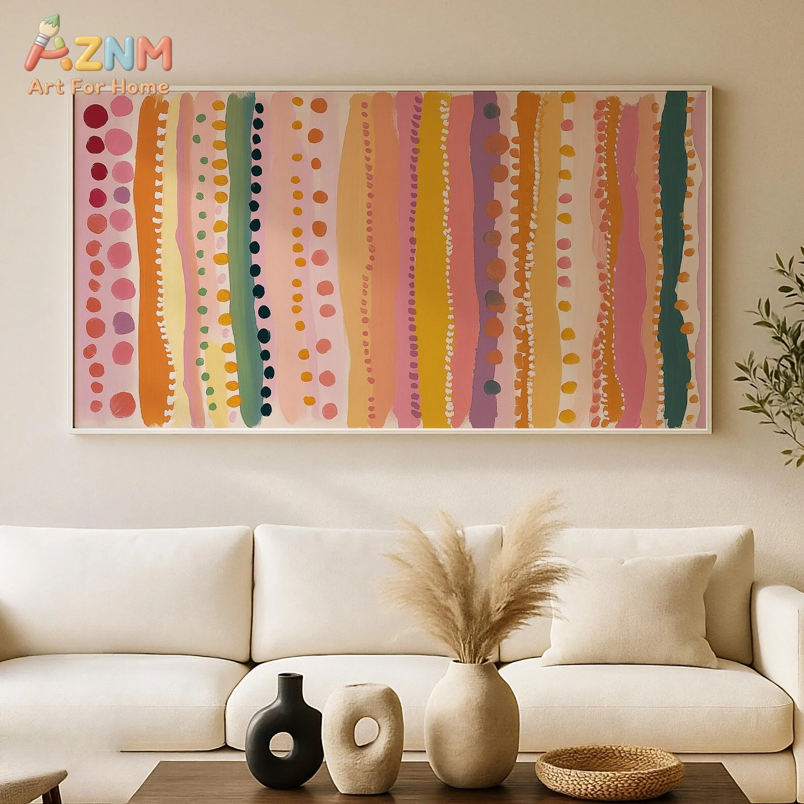AZNM Boho Color Striped Dot Canvas Print Abstract Warm Pastel Brush Stroke Geometric Wall Poster Unframed Modern Living Room Dec