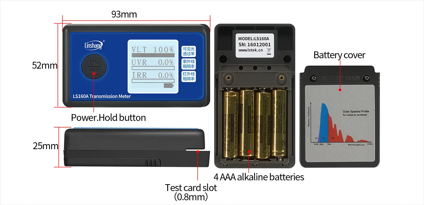 Compteur de transmission de film solaire portable pour fenêtre, testeur de transmission de lumière UV IR, trois fonctions dans un appareil