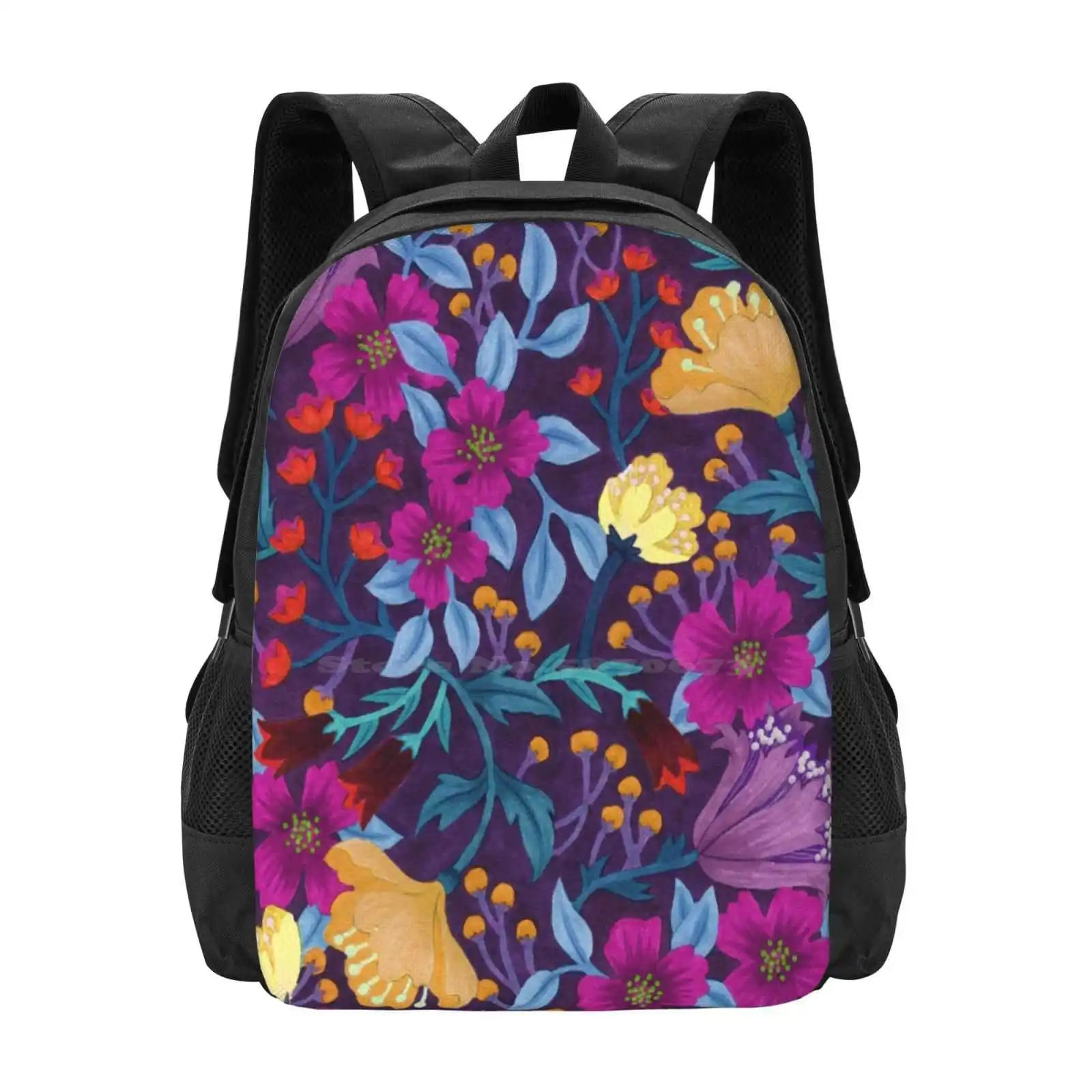 Floral School Bag Big Capacity Backpack Laptop Flowers Pattern Purple