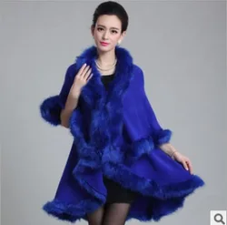 12 Colors Winter Warm Long 2 Layers Poncho Out Streetwear Cape Blue Cashmere Loose Cloak Women Faux Fur Poncho Cardigan Coat