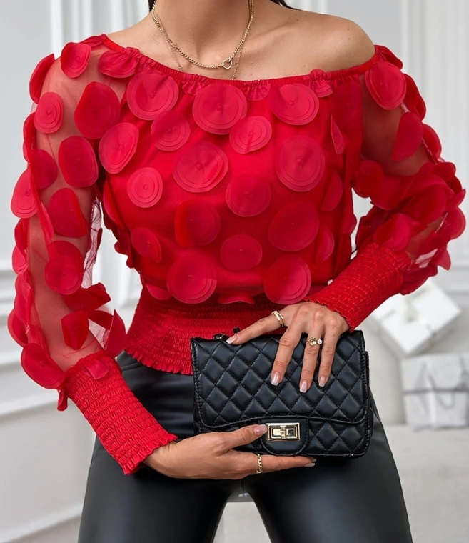 Fashion Women Blouses Floral Pattern Shirred Sheer Mesh Patch Long Sleeve Off The Shoulder Gigot Sleeve Top Female Pullover 2024