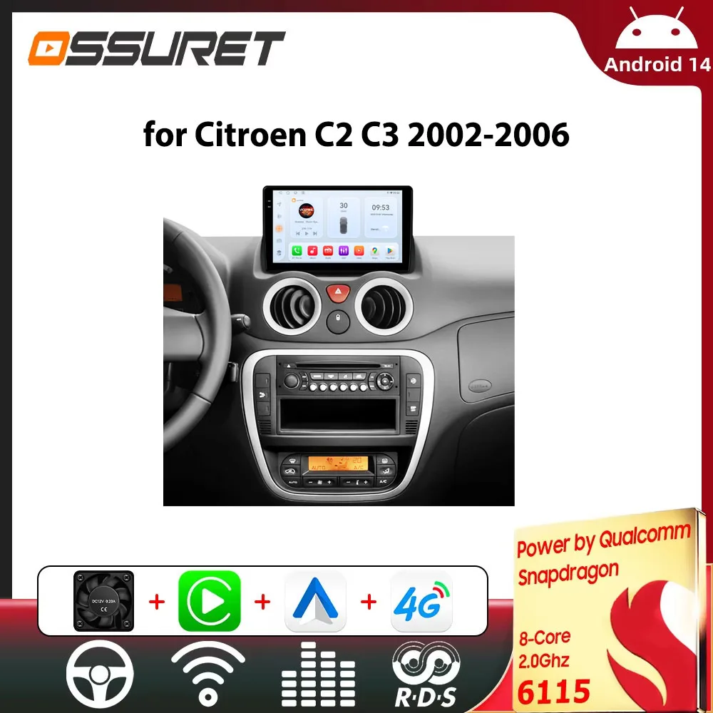 Android-Autoradio für Citroen C2 C3 2002–2006, kabelloses Carplay, Autoradio, Multimedia-Video-Player, GPS, Auto-Stereo von Snapdragon