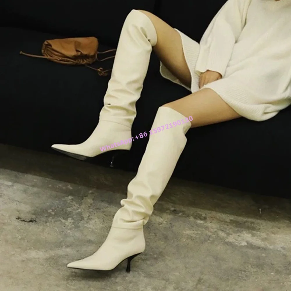 

Pleated White Black Boots Pointy Toe Strange Style Heels Slip On Large Size Sexy Boots Women's Winter Leisure Fashion Shoes