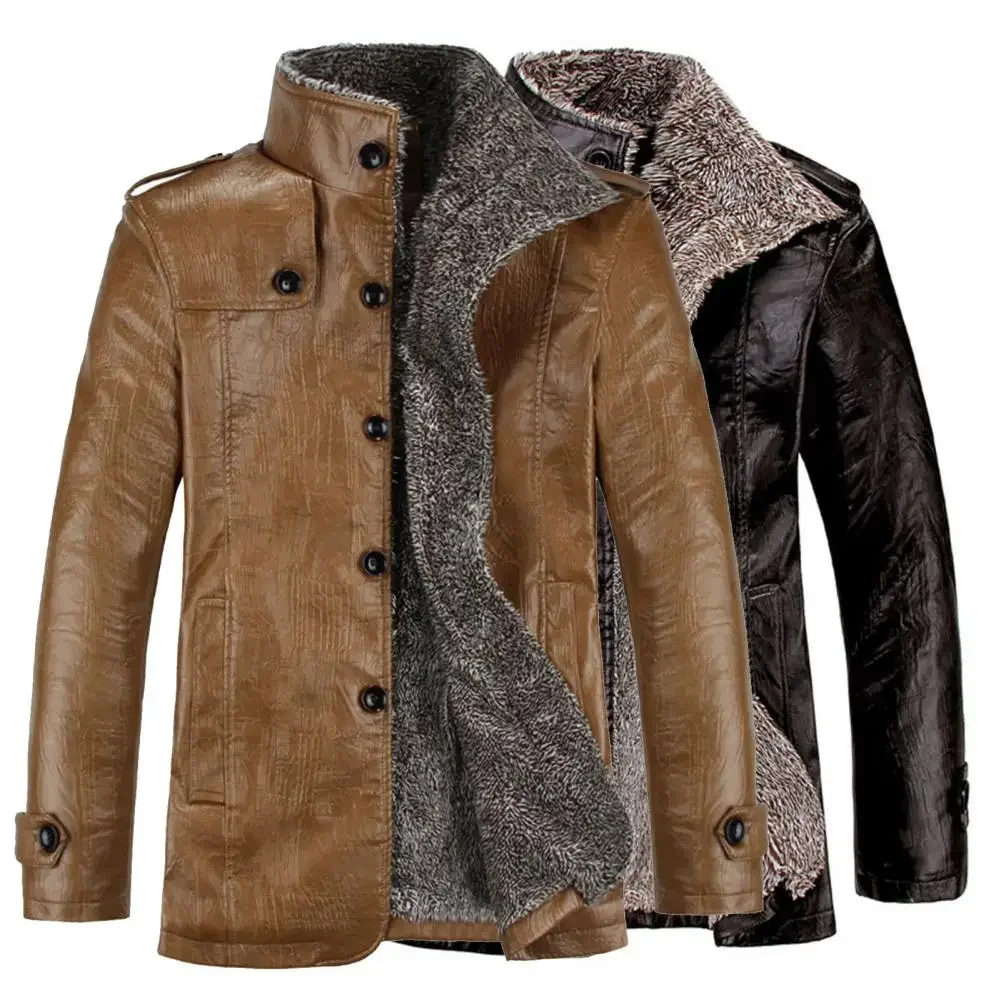 

Warm Winter Jacket High Quality Men's PU Leather Jacket Solid Color Faux Leather Long Sleeve Men Coat Fashionable Men Jacket