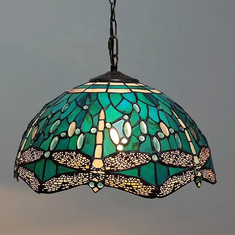 

16Inch Tiffany Green Warm White Industrial Rustic Adjustable Height Hanging Pendant Stained Glass Dragonfly LED E27
