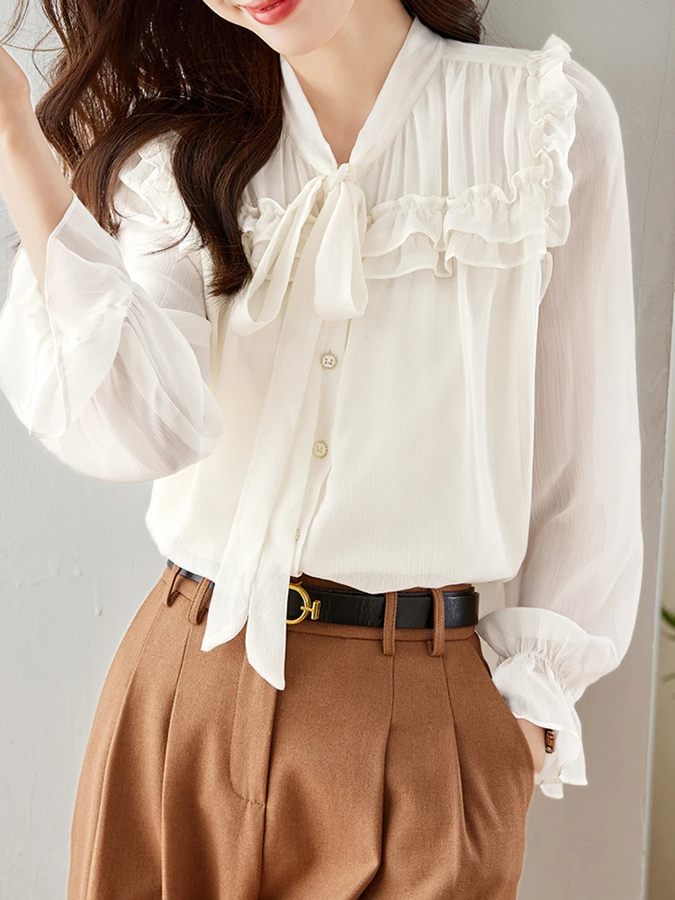 

Korean Style Chic Lace-up Patchwork Shirt Spring New Wooden Ear Edges Unique Long Sleeved Shirt for Women