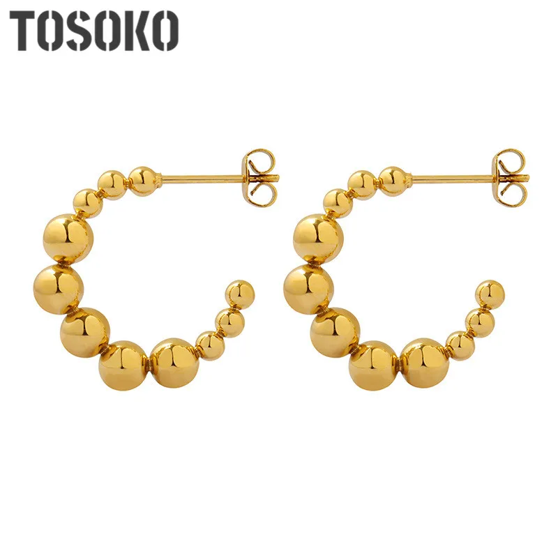 TOSOKO Stainless Steel Jewelry Beaded Steel Ball C-Shaped Earrings Women's Fashion Earrings BSF092