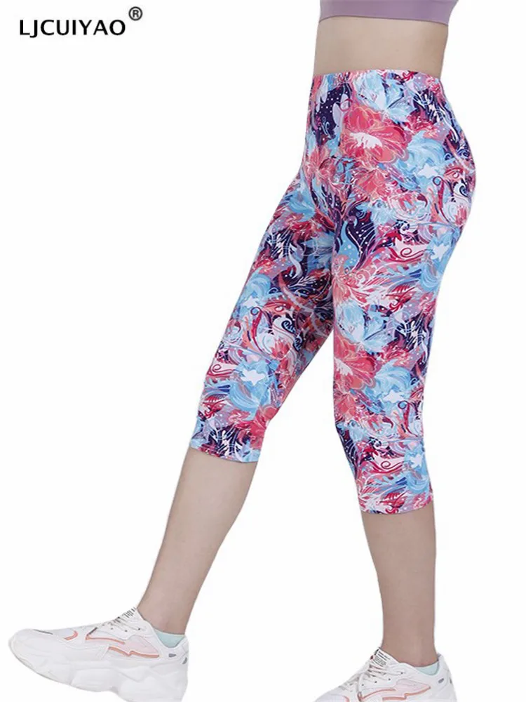 Jcuiyao Vrouwen Hoge Taille Leggings Zomer Gym Dragen Broek Fitness Elastische Printing Rode Bloemen Mode Push Up Ademende Kleding