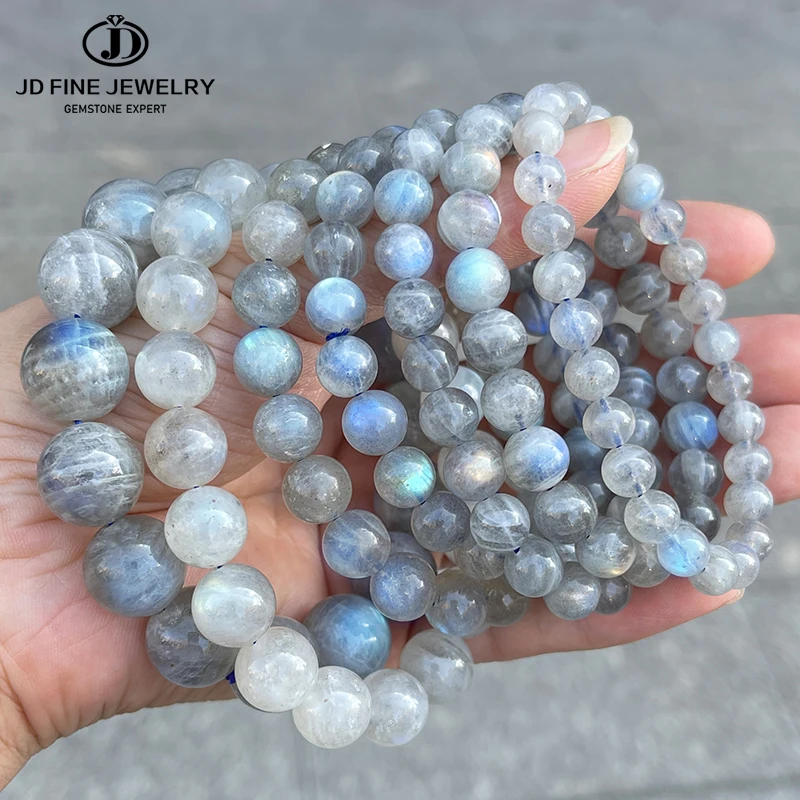 JD Natural Stone Grey Moonstone Labradorite Round Beads Bracelets Women Men Charm Energy Single Circle Stretch Bracelet Jewelry