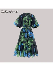TWOTWINSTYLE Hit Color Loose Spliced Button Elegant Dresses For Women O Neck Long Sleeve Patchwork Lace Up Dress Female Fashion