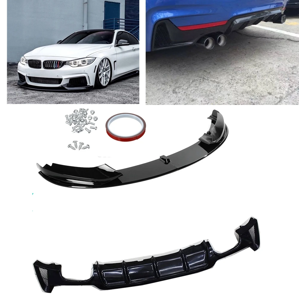 

For BMW F32 F33 F36 4 Series 435i M Sport 2014-2020 Gloss Black/ABS Carbon Look Front Bumper Spoiler Lip+Rear Diffuser Splitter