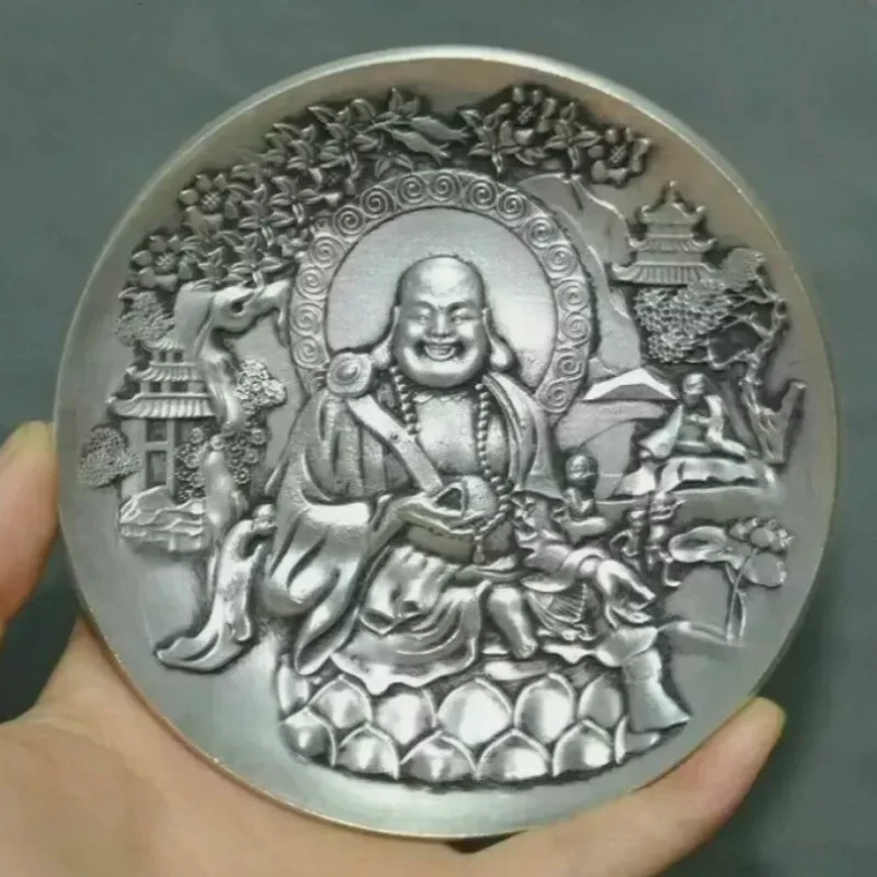 Tibetan Buddhism Temple Tibetan Silver Happy Laughing Maitreya Buddha Plate Dish
