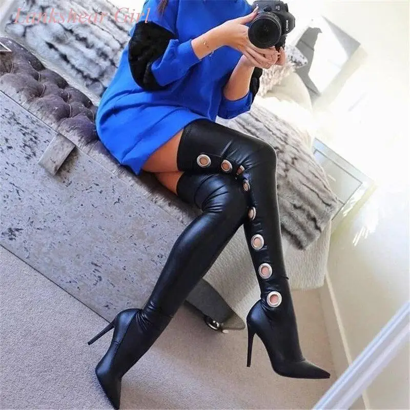 Spring Wome's New Black Leather Boots Crotch Thigh High Heeled Pointed Toe Shoes Over The Knee Party Thin High Heels Boots