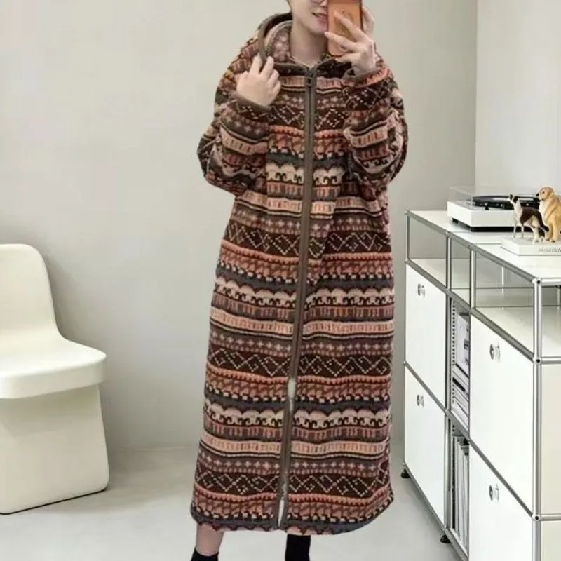 FallenVex Store Retro Ladies Hooded Leopard Plush Bathrobe Zip‑Up Long Length Thick Fuzzy Warm Loose Home Sleepwear Outerwear