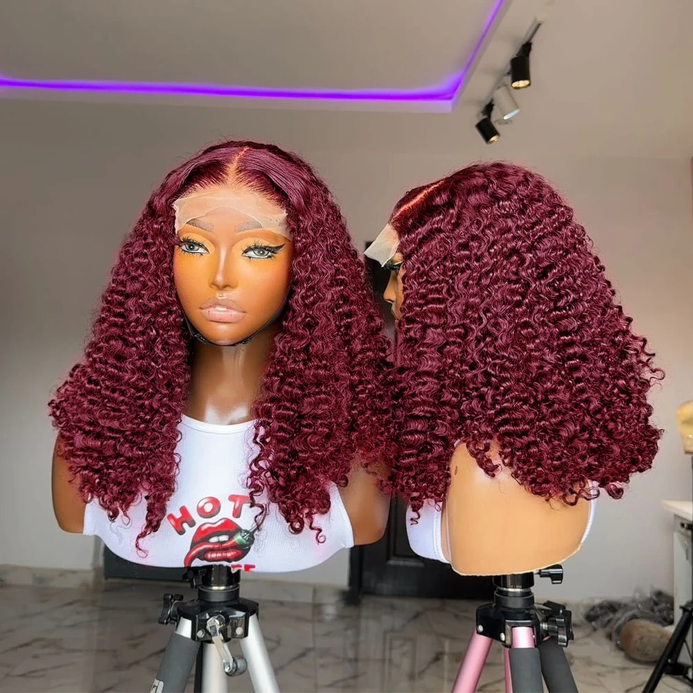 

99J Highlight Water Wave Curly Lace Front Wigs Human Hair Bob Deep Wave Bob 99J Burgundy Lace Front Wig Bob 100% Human Hair 13x4 Lace Frontal Wig Kinky Curly Red Short Bob Burmese Wig 250% Density 16 Inches