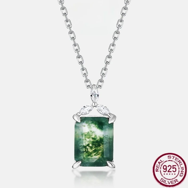 

Новый прямоугольный камень из чистого серебра S925 с геометрическим рисунком зеленого моха, инкрустированный водной травой, агатовый камень, кулон для свадебных украшений