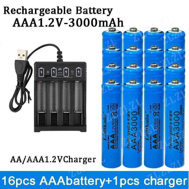 NEW High Quality 1.2V Rechargeable Battery, AAA3000mAh Battery+charger, Alkaline Technology, for Remote Control, Toys/computer