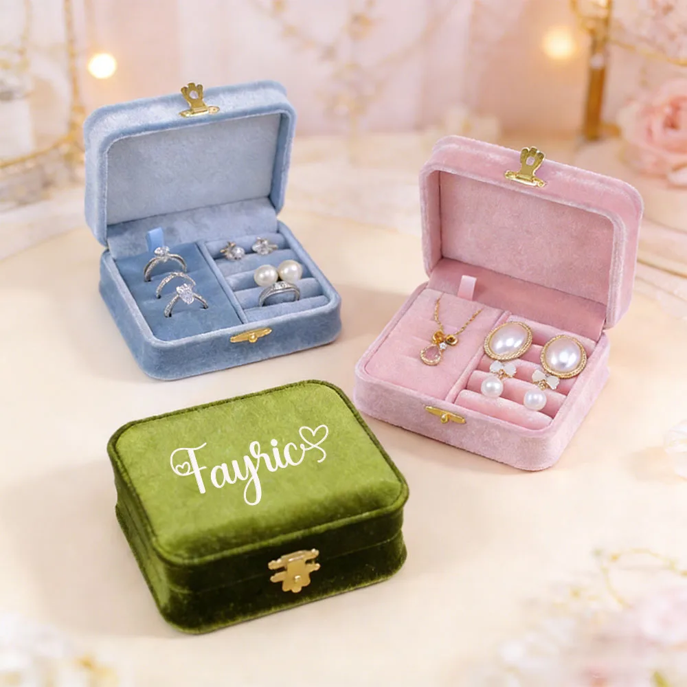 Personalized high-end velvet jewelry storage box,with waist snaps,can store vintage-style ring&earrings,Customizable name travel