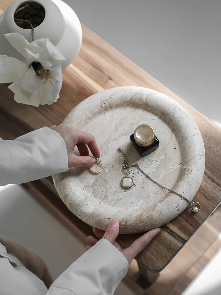Trending Beige Travertine Serving Tray Home Decor Vintage Bathroom Vanity Tray Decorative Round Jewelry Plate