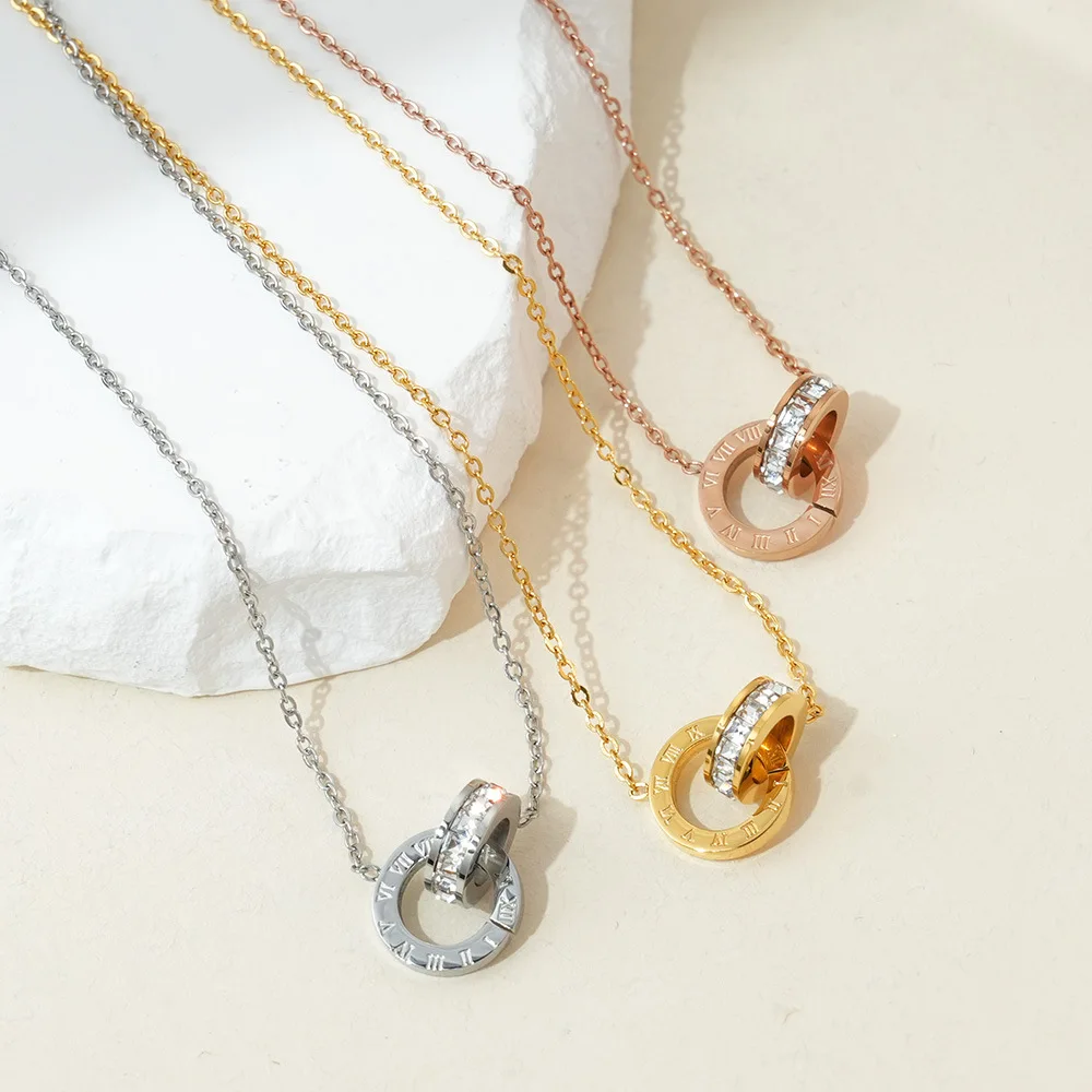 Winter New Double Circle Interlocking Titanium Steel Fashion Roman Digital Roman Wedding Necklace For Women Jewelry Wholesale