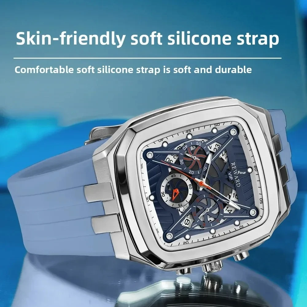 مكافأة 832260 ساعة كوارتز رجالية موضة مستطيلة تصميم التقويم مقاوم للماء حزام سيليكون عادية ساعات باردة للرجل Reloj