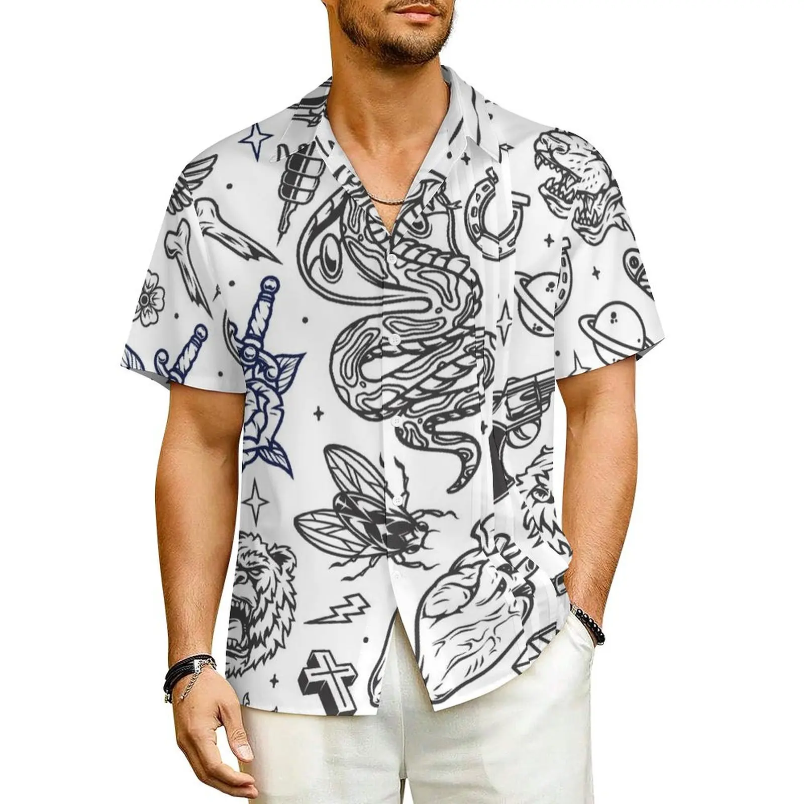 

Vintage Tattoos Hawaiian Shirt For Male Beach Tiger Dagger Bear Flower Casual Shirts Short-Sleeved Breathable Oversized Blouses