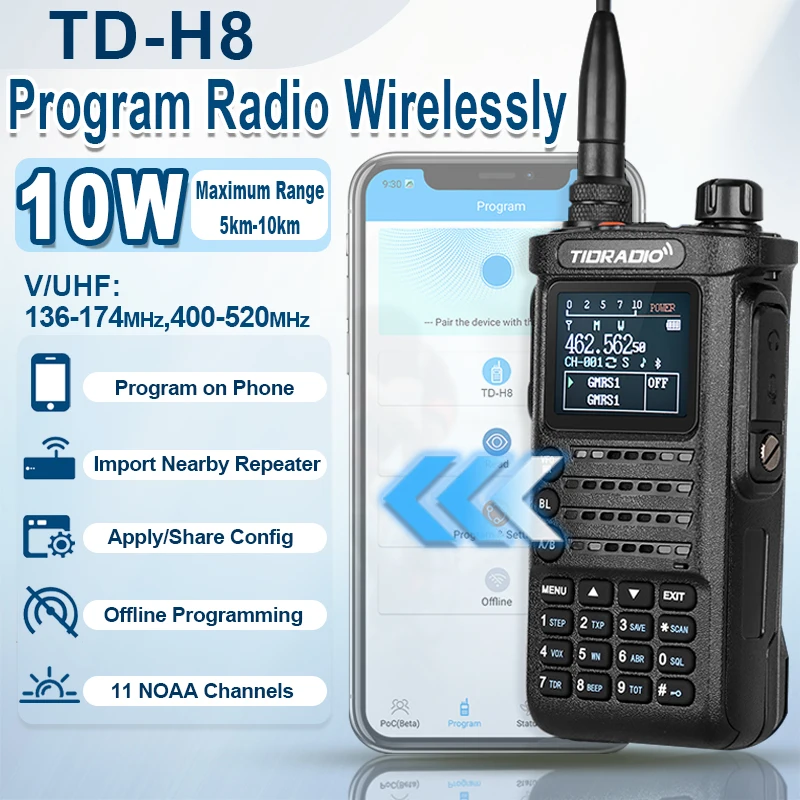 

TD-H8 10W Professional Walkie Talkie Radio 136-174/400-520MHz Bluetooth Connection Cell Phone Programmable Commutator Link APP