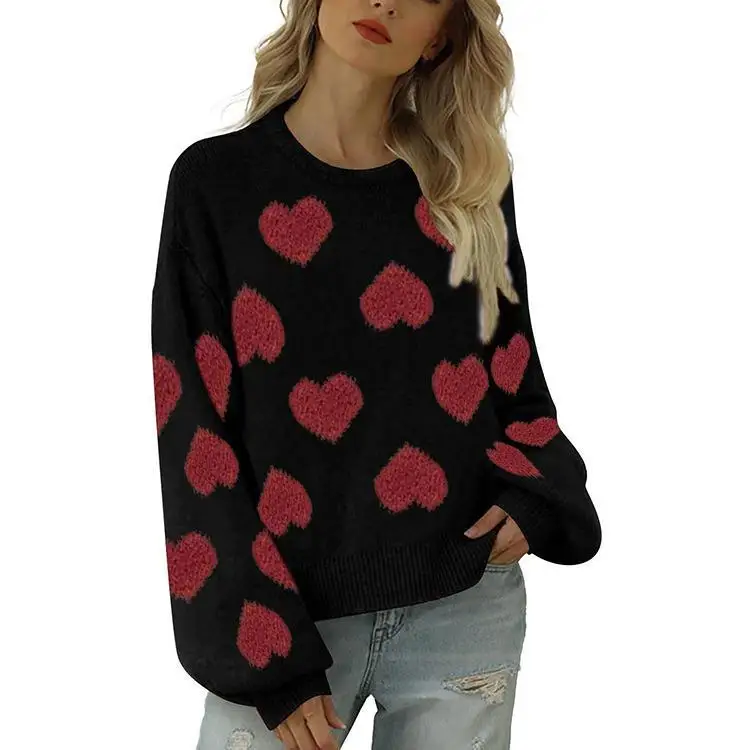 

Pink Bubble Sve Knitted Sweater Sweet Heart Pattern Overhead Sle Vntine's Day New Arrival Loose Fit Ladies Sweater