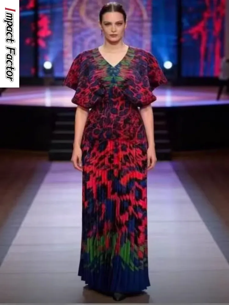 

2026 Spring/summer New Miyake Pleated Print Top Long Skirt Two-piece Fashion V-neck Short Sleeve Loose Suit Women's Clothing