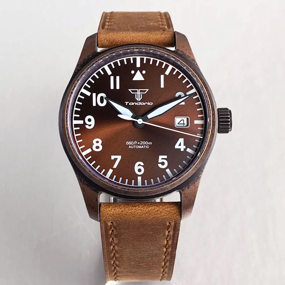 Tandorio 39mm Pilot Orologio meccanico automatico rivestito in bronzo stile vintage NH35A/PT5000 Movimento 200m Vetro zaffiro impermeabile