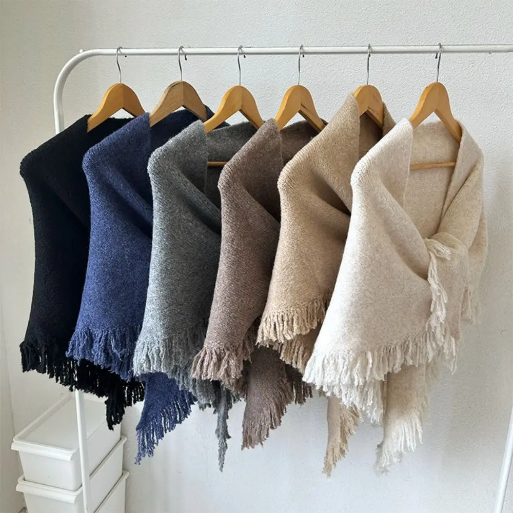 

Fashion Winter Triangle Shawl Versatile Tassel Knitted Blanket Scarf Thickned Cold Proof Warm Scarf for Women