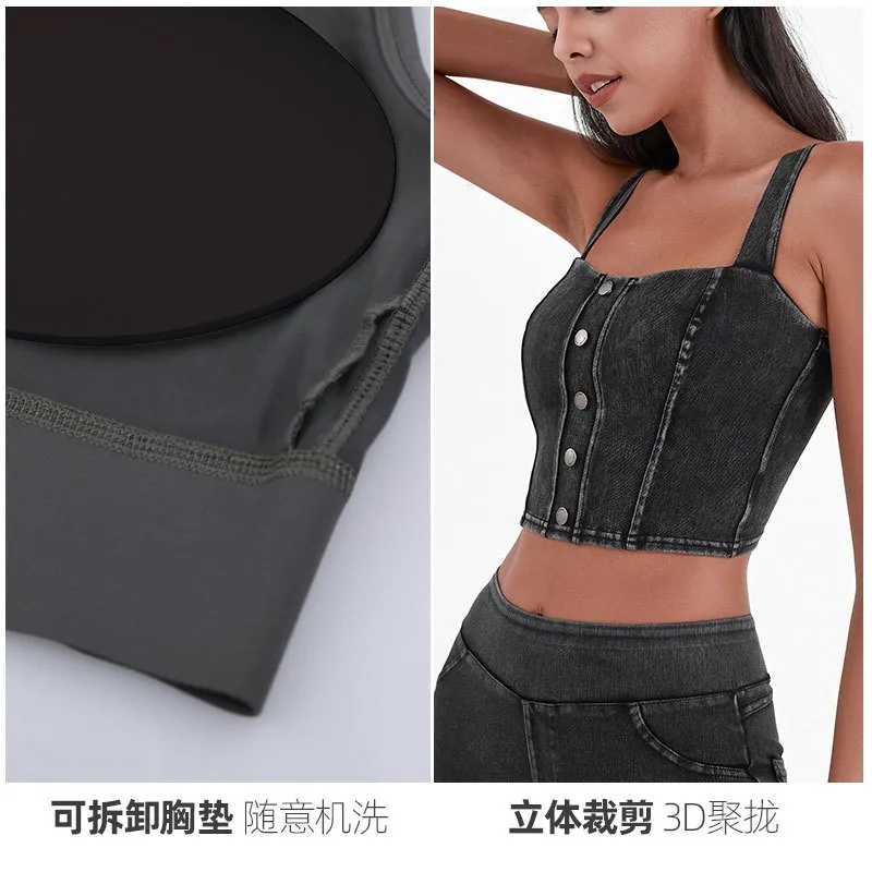 Women Summer Tank Top Sleeveless Button Front Solid Color Wide Strap Removable Pad Built-in Bra Metal Button Crop Length