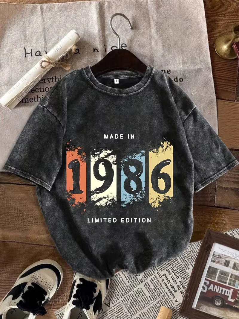 Retro-Nummer 1986 Print Mode-Kurzarm-T-Shirt Lässiges Retro-Washed-Kurzarm-T-Shirt Top Rundhals-Modekleidung