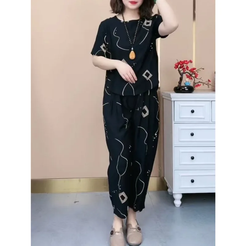 Mom\'s Fashion Age Reducing Clothing Middle-aged And Elderly Women\'s Suit Summer New Crop Tops Pants Two Piece Set For Women