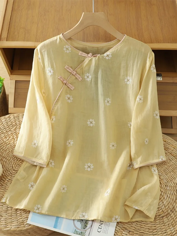 High-End Retro Heavy Embroidery Cotton Linen irt Women Summer Lightweight National Sle round Ne Oblique Flap Buttoned L...