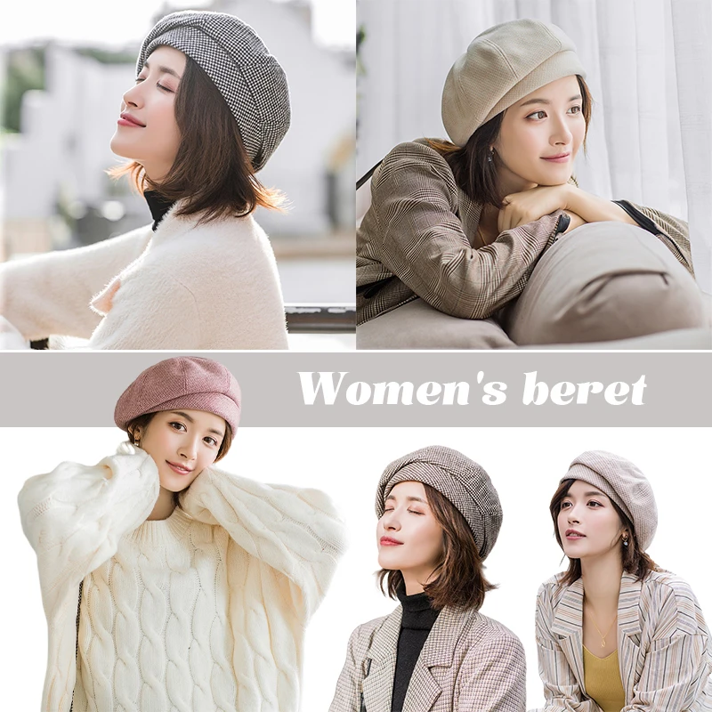 

Japanese Style Women Winter Berets Hats Vintage French Plaid Painter Hat Spring Autumn Girls Octagonal Beret Caps