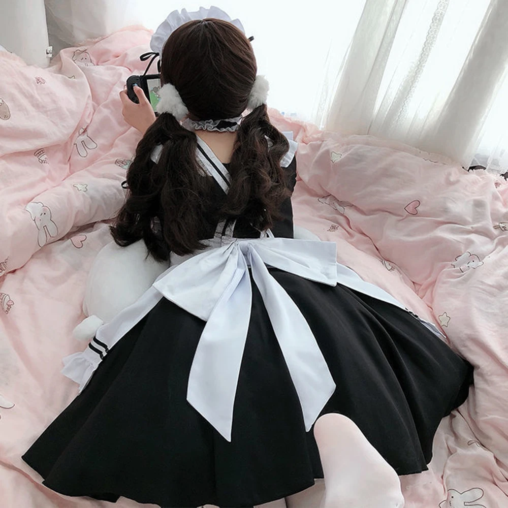 Trajes de empregada Lolita preto e branco para meninas, mulheres linda empregada, traje cosplay de Halloween, roupa doce japonesa, roupas de vestido, fofo