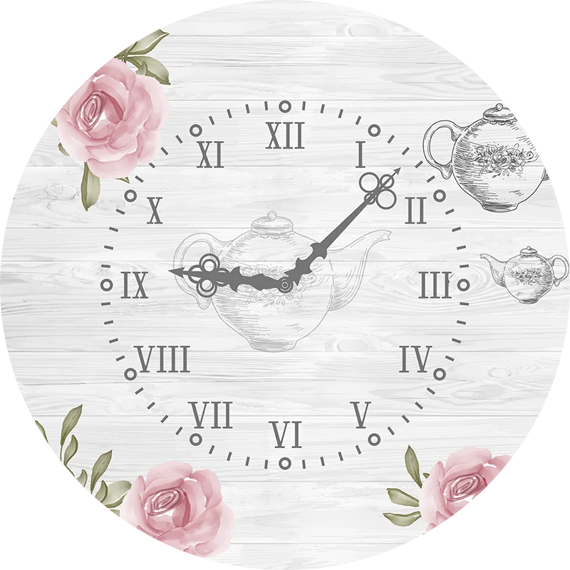 Alice In Wonderland Clock Photo Backdrop Kids Birthday Party Pink Flower Teapot Round & Cylinder Covers Fabric Photo Background