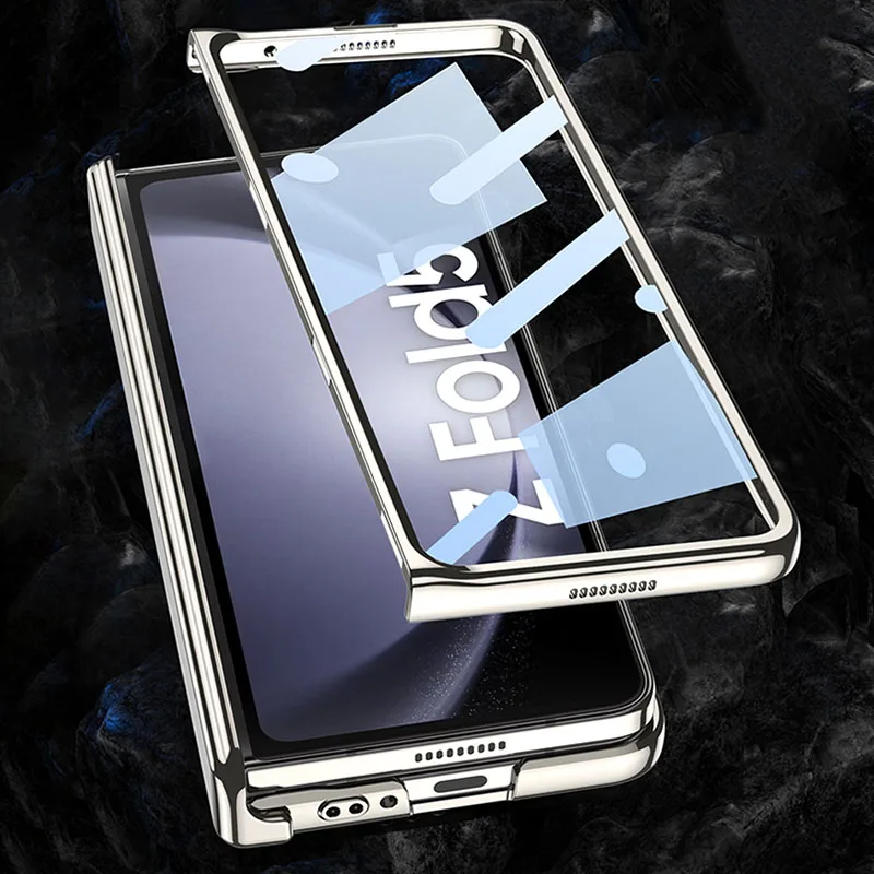 Magnetic Hinge Plating Transparent Case For Samsung Galaxy Z Fold 5 Fold5 Case Slim Shockproof Protective Cover with Glass Film