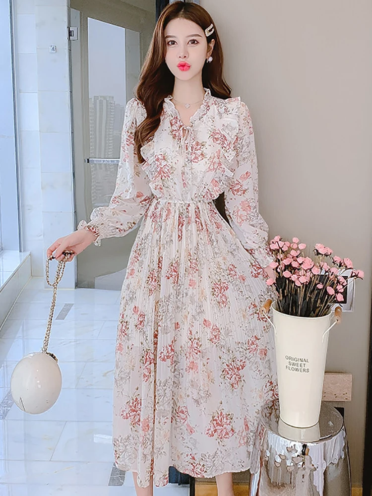 Vestido elegante de gasa Floral de manga larga con volantes para mujer, vestido largo ajustado elegante de otoño, vestido de fiesta de lujo elegante de moda coreana 2025