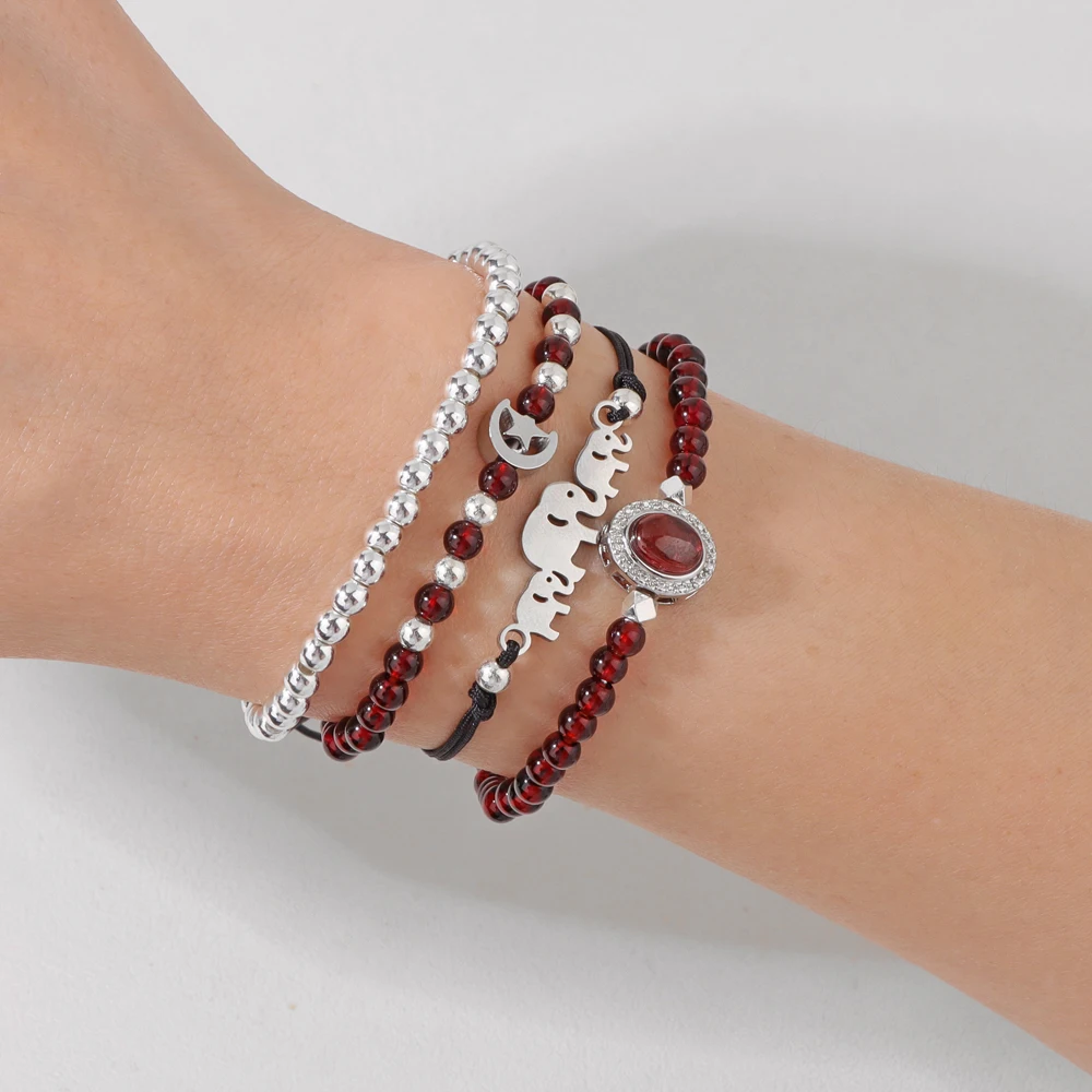 4 unids/set pulsera de cuentas de granate rojo Color plata pulsera con dije de elefante brazaletes elásticos de piedra Natural para mujeres y hombres regalo de joyería