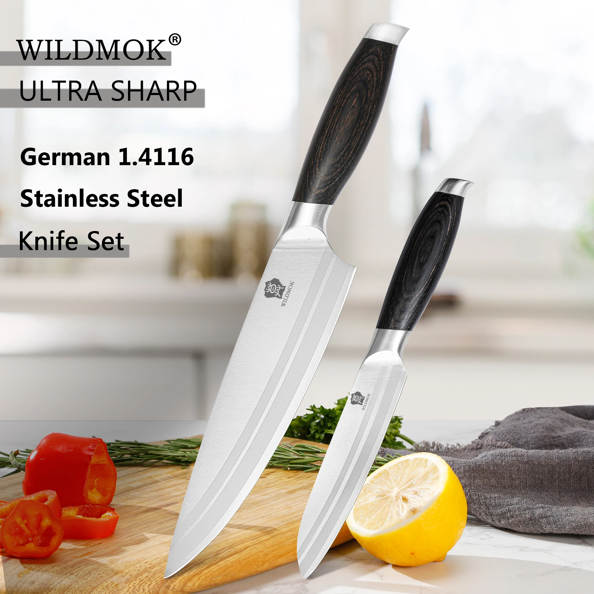 

WILDMOK 2PCS Kitchen Knife Set Utility Chef Knife High Carbon Germany 1.4116 Stainless Steel Kitchen Knives Set-Pakkawood Handle